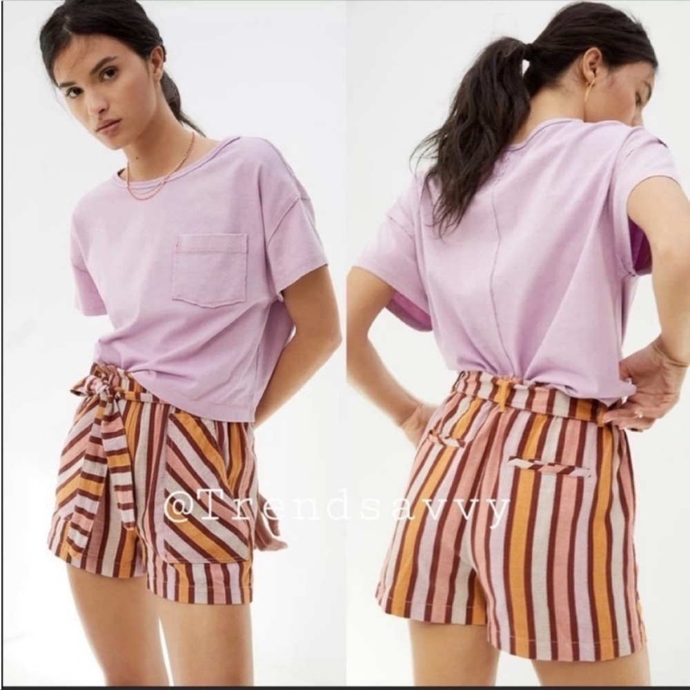 Anthropologie Striped High Rise Belted Shorts Pink Red Medium Resort Summer Boho